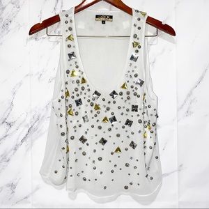 LaROK Luxe White Chiffon Rhinestone Tank Top